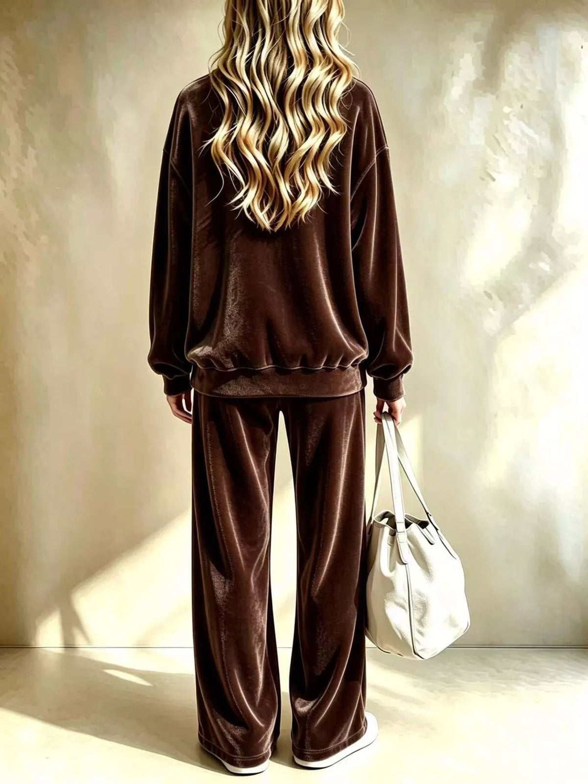Brown dropped Shoulder Velvet Top and Wide Leg Pants Set — back view