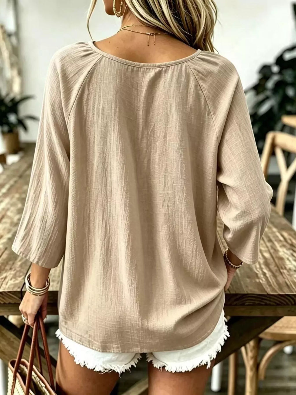 Beige textured V-Neck T-Shirt — back view