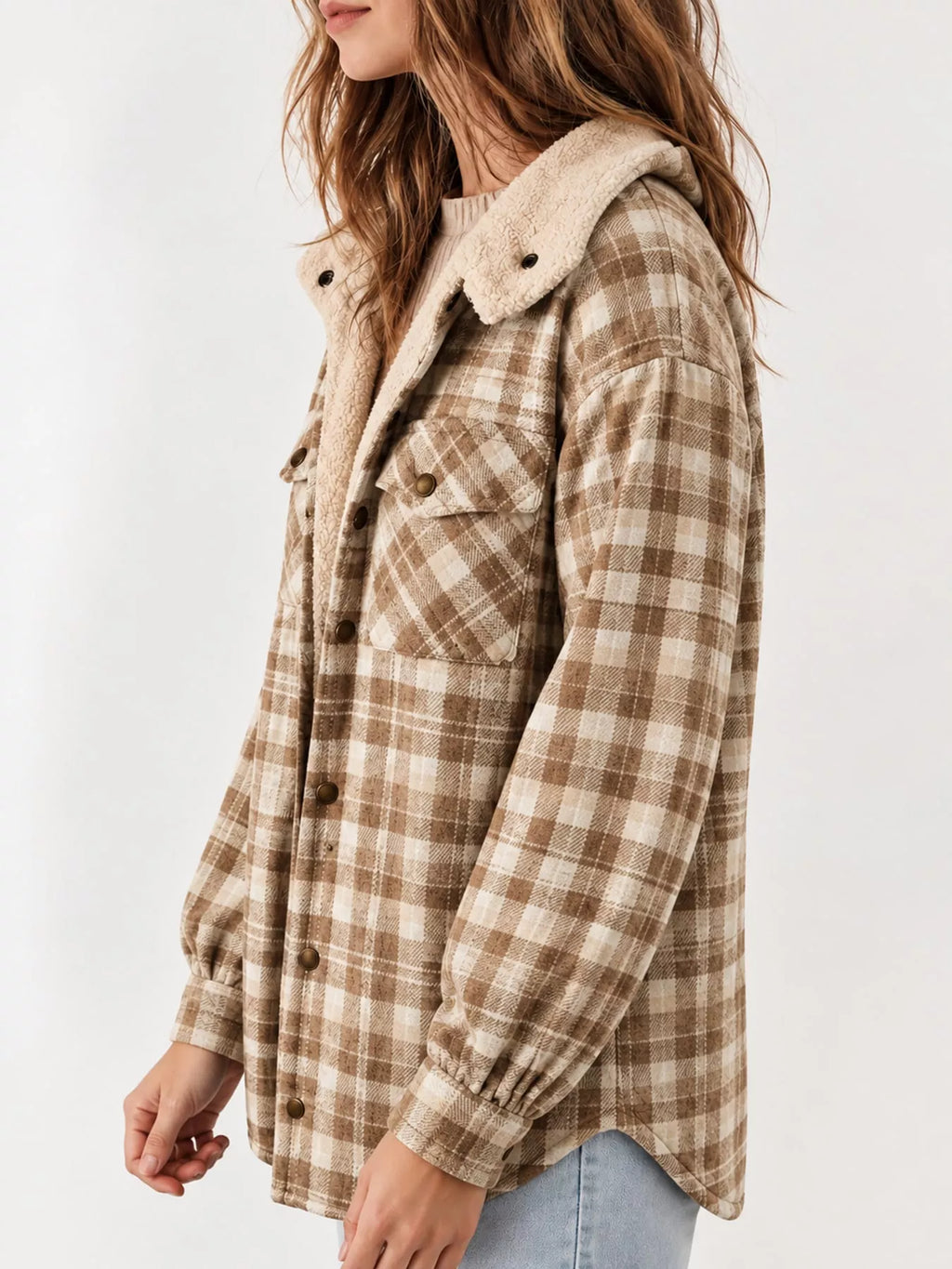 Side view of the khaki plaid hooded jacket.
