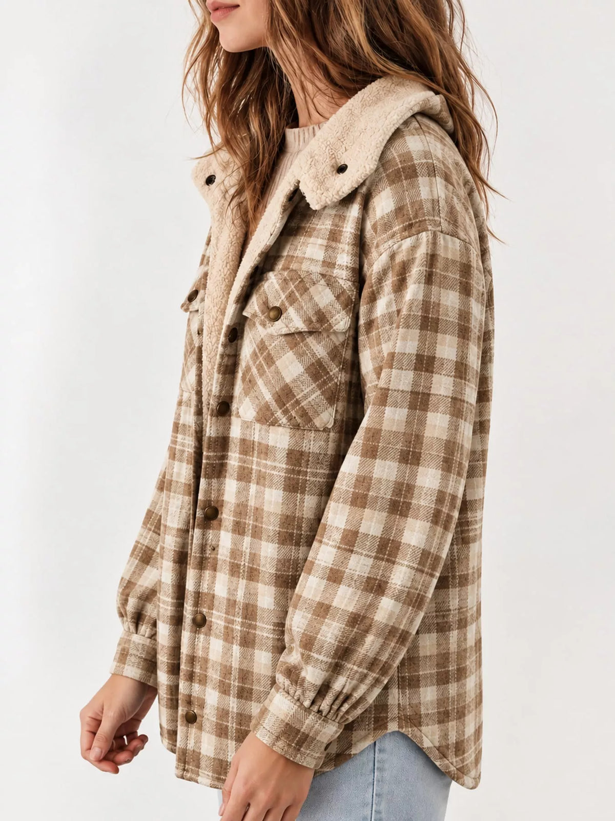 Side view of the khaki plaid hooded jacket.