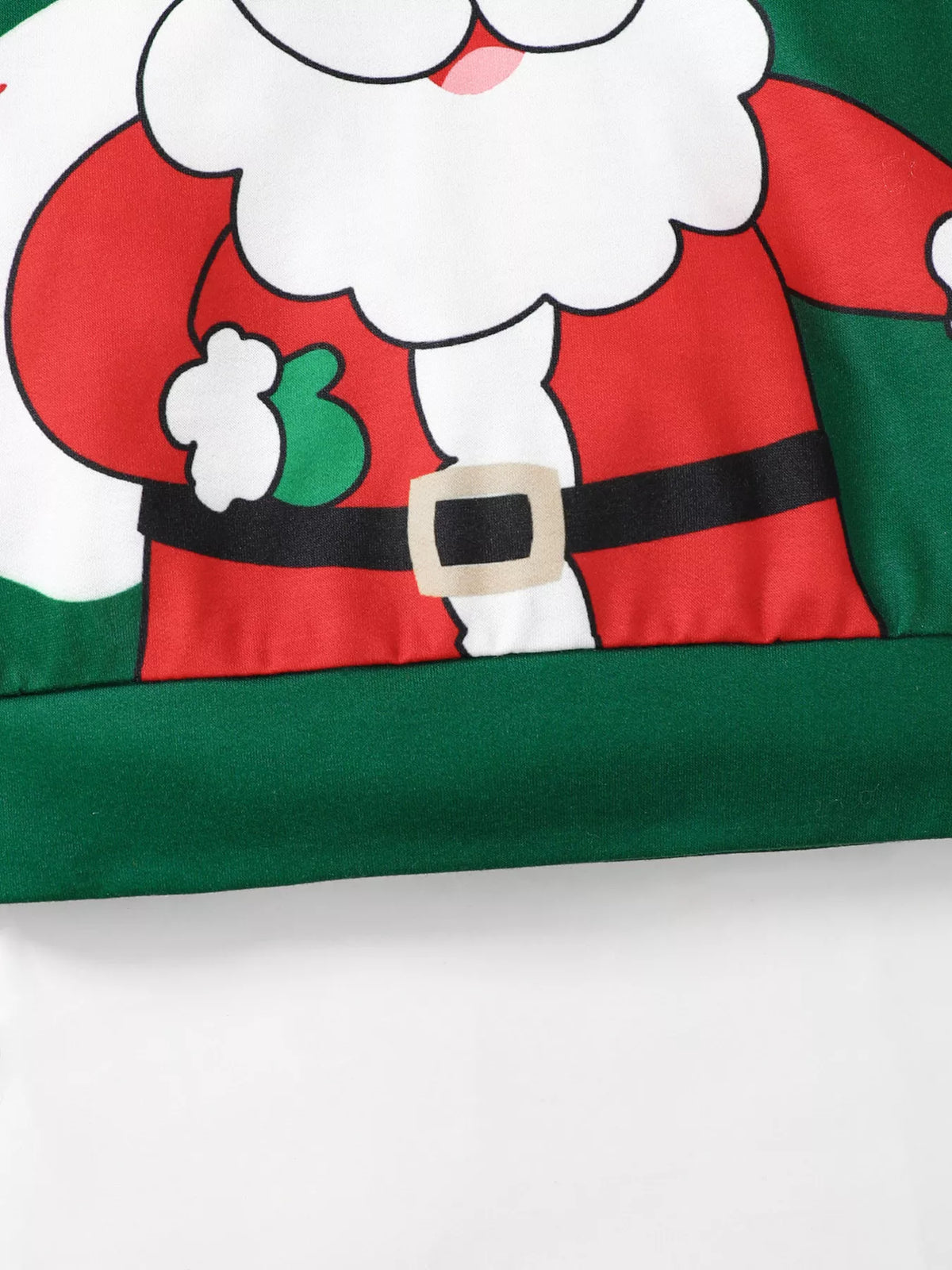 Santa belt and coat graphic on the green sweatshirt