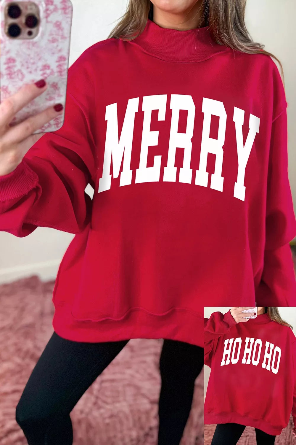 Red christmas Slogan MERRY High Neck Tunic Holiday Sweatshirt