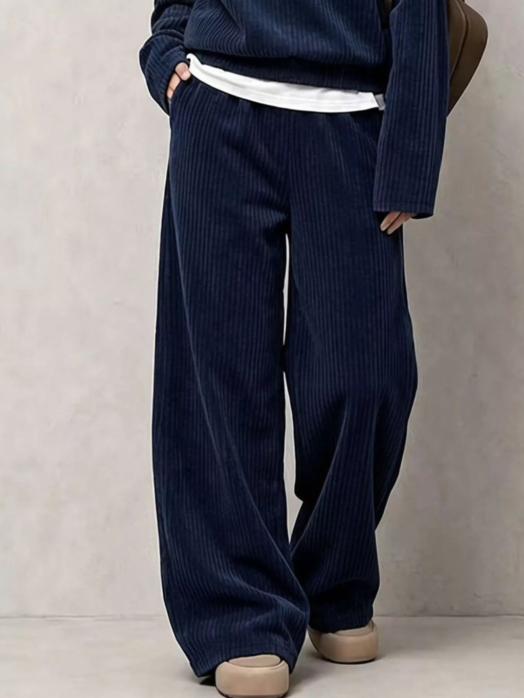 Navy corduroy Button Detail Top and Wide-Leg Pants Set — detail view