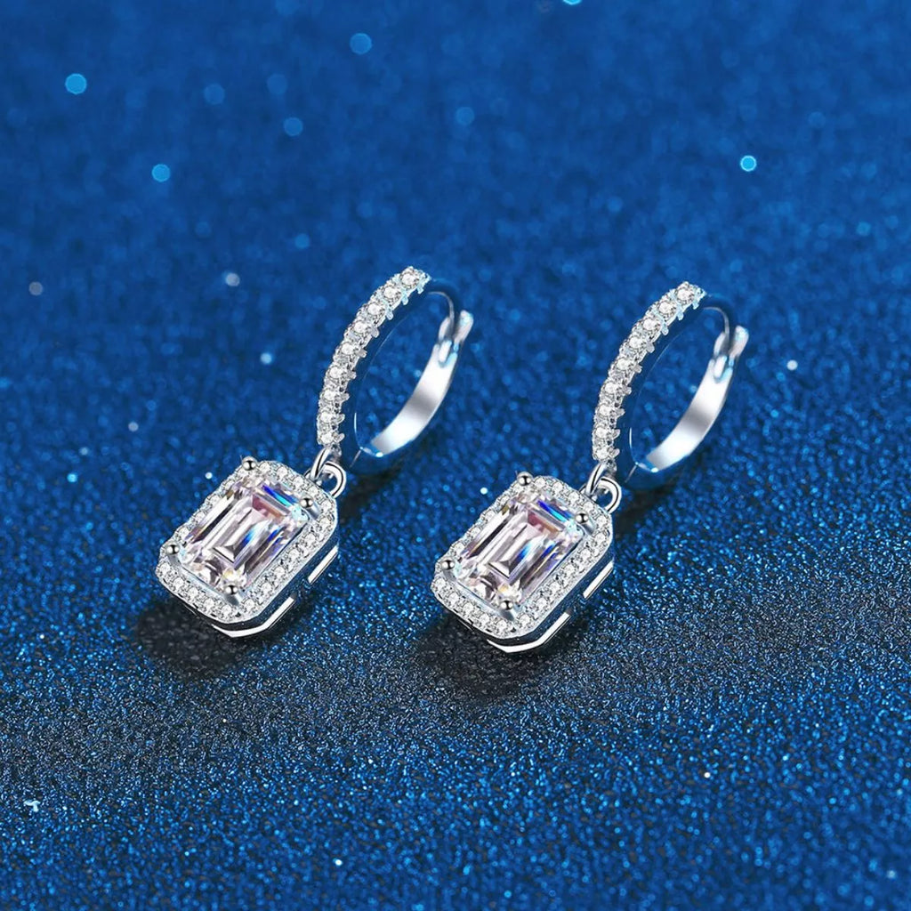 Silver-tone hoop earrings with rectangular halo stone drops — detail view