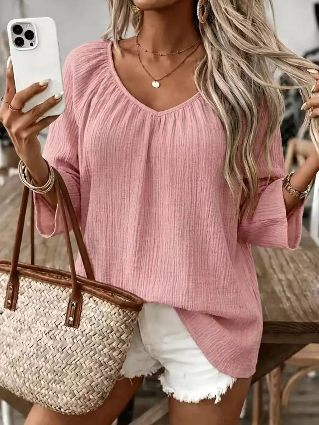 Pink textured V-Neck T-Shirt