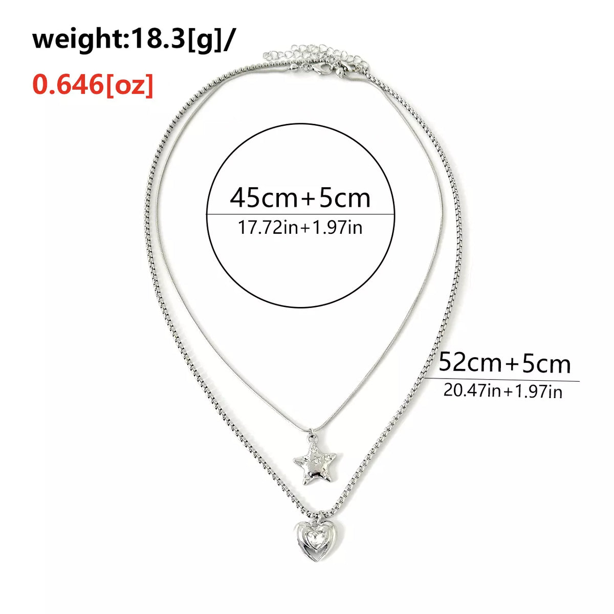 Measurements diagram for layered silver-tone star and heart pendant necklaces
