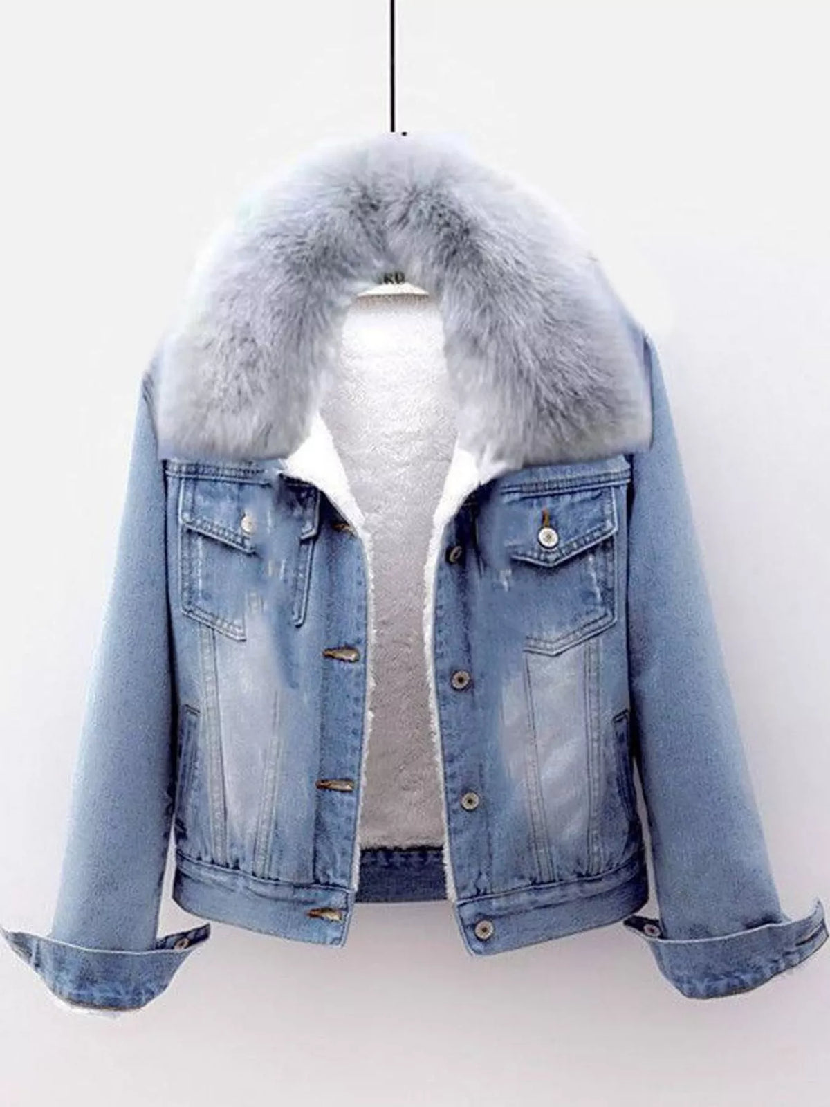 Light-blue denim jacket with a fluffy gray collar and white lining.