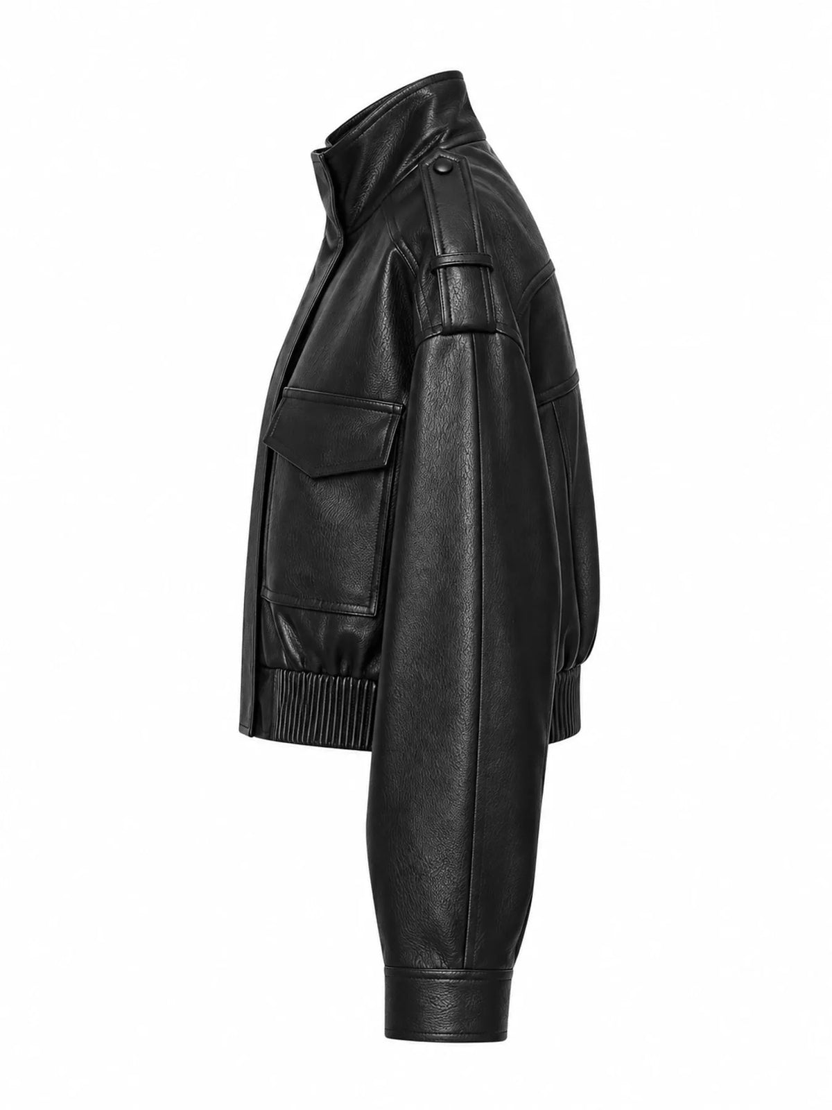 Side view of the black faux-leather bomber jacket.