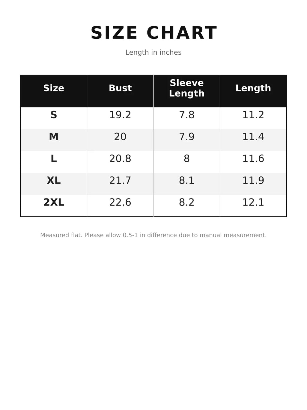Size chart for oversized crew neck sweatshirt with side slit