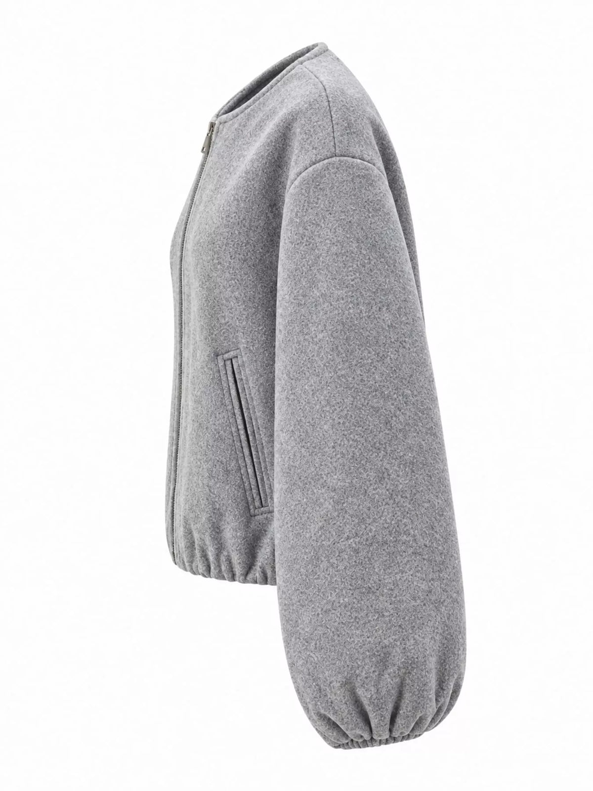 Gray round-neck zip-up jacket with gathered hem and sleeves, side view.