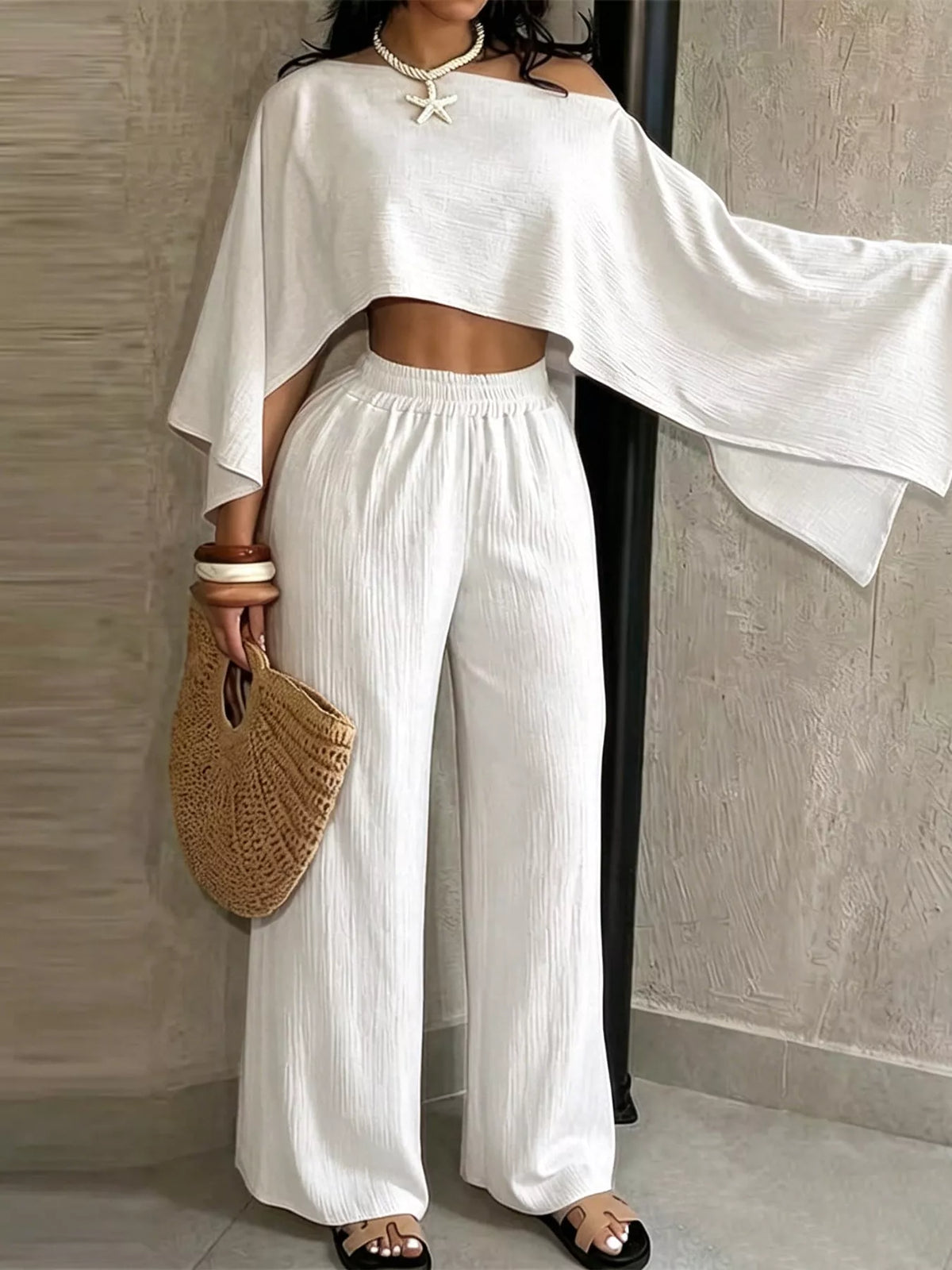 White boat Neck Crop Top and Wide-Leg Pants Set