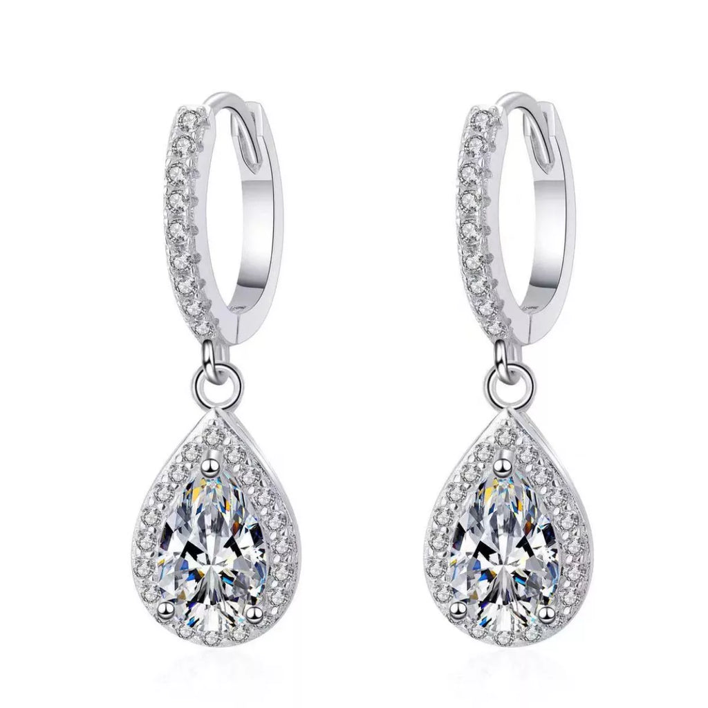 Silver-tone hoop earrings with teardrop halo stone drops — detail view