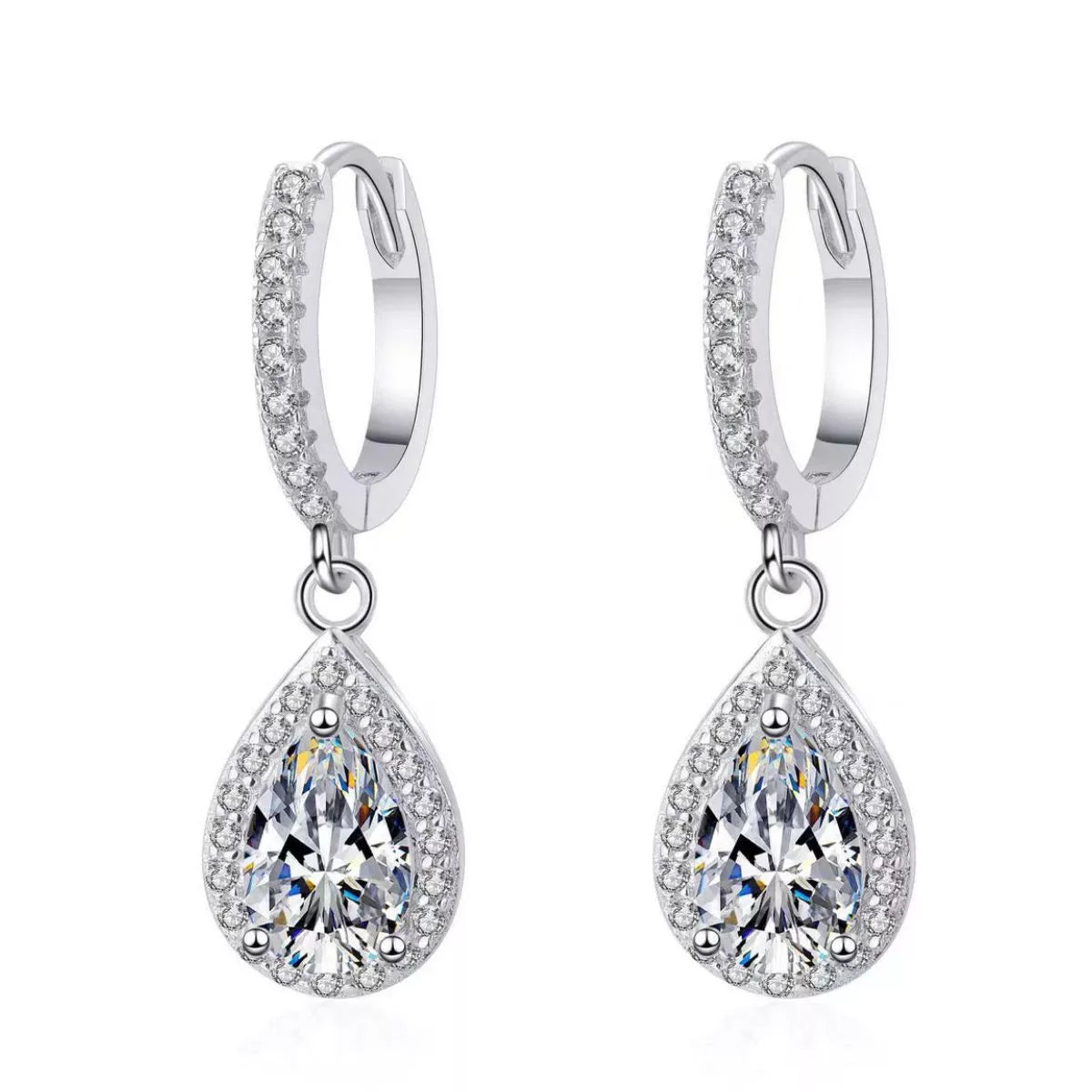 Silver-tone hoop earrings with teardrop halo stone drops — detail view