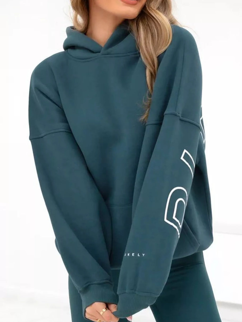 Teal letter Back Hoodie with Kangaroo Pocket