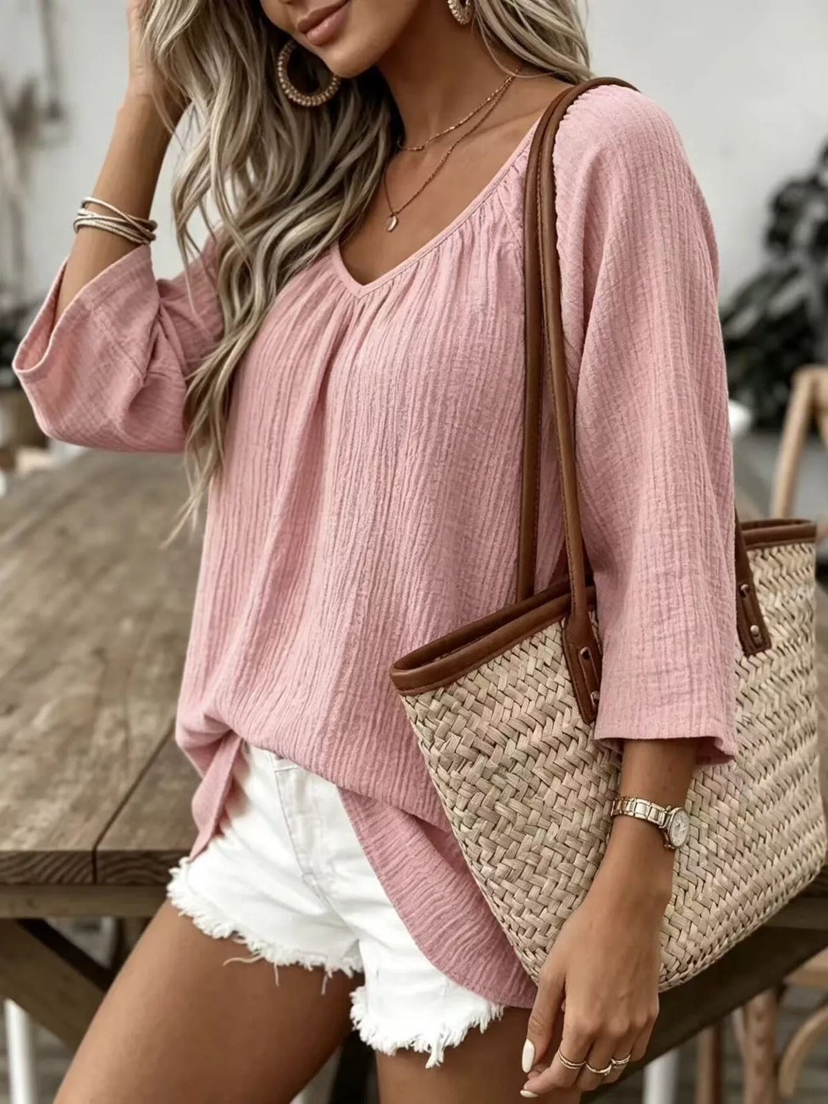Pink textured V-Neck T-Shirt