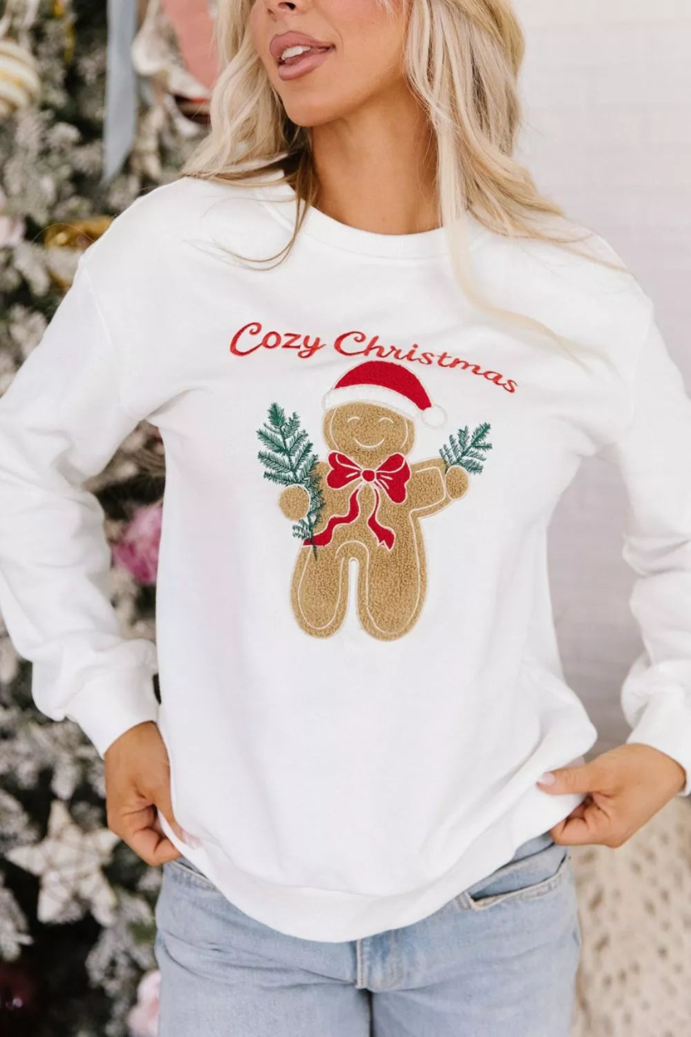 White embroidered Gingerbread Cozy Christmas Long Sleeve Round Neck Sweatshirt