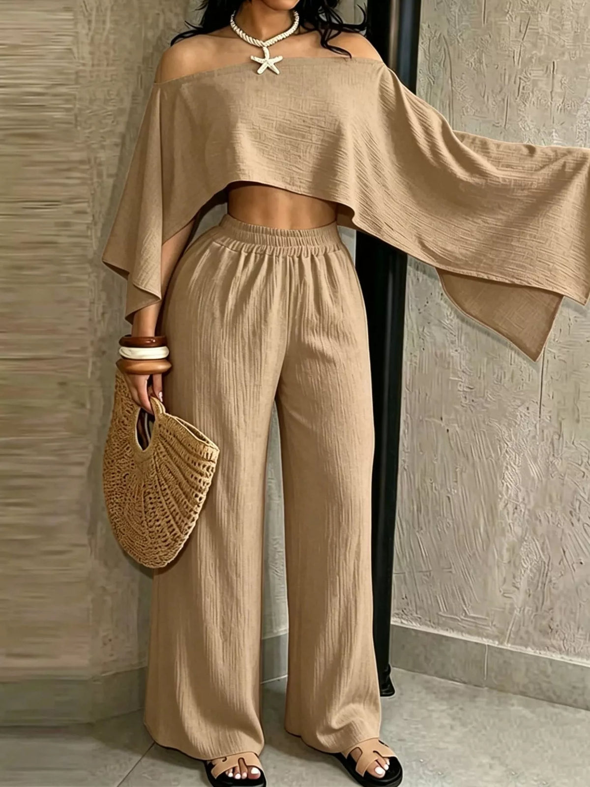Tan boat Neck Crop Top and Wide-Leg Pants Set