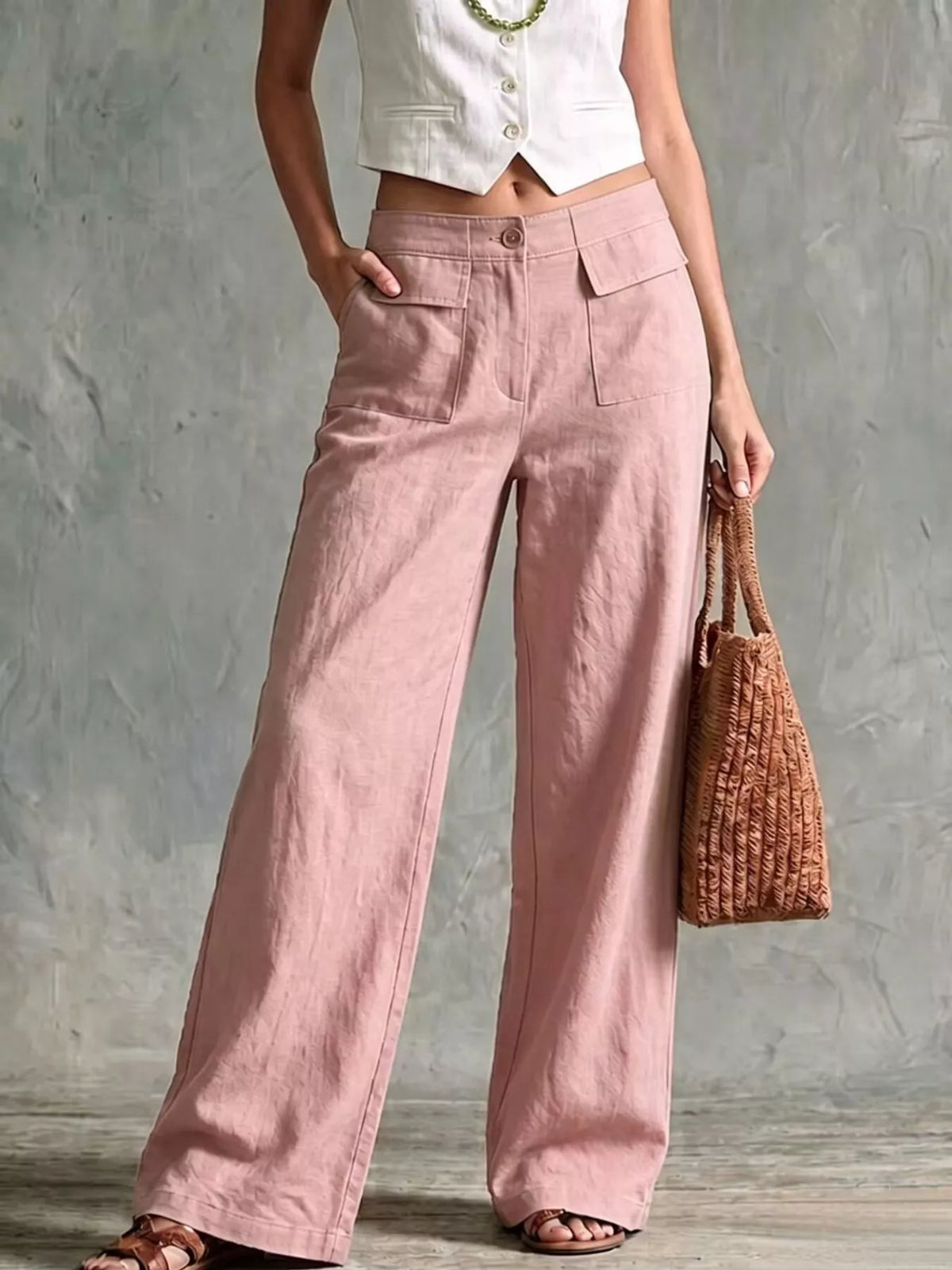 Pink high-Waisted Wide-Leg Cargo Pants