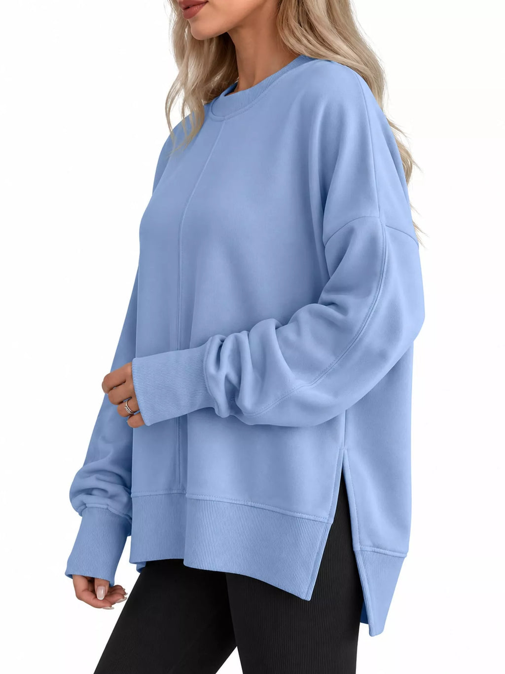 Blue oversized Crew Neck Sweatshirt with Side Slit
