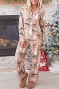 Pink long-sleeve pajama shirt and pants with dinosaur Christmas print