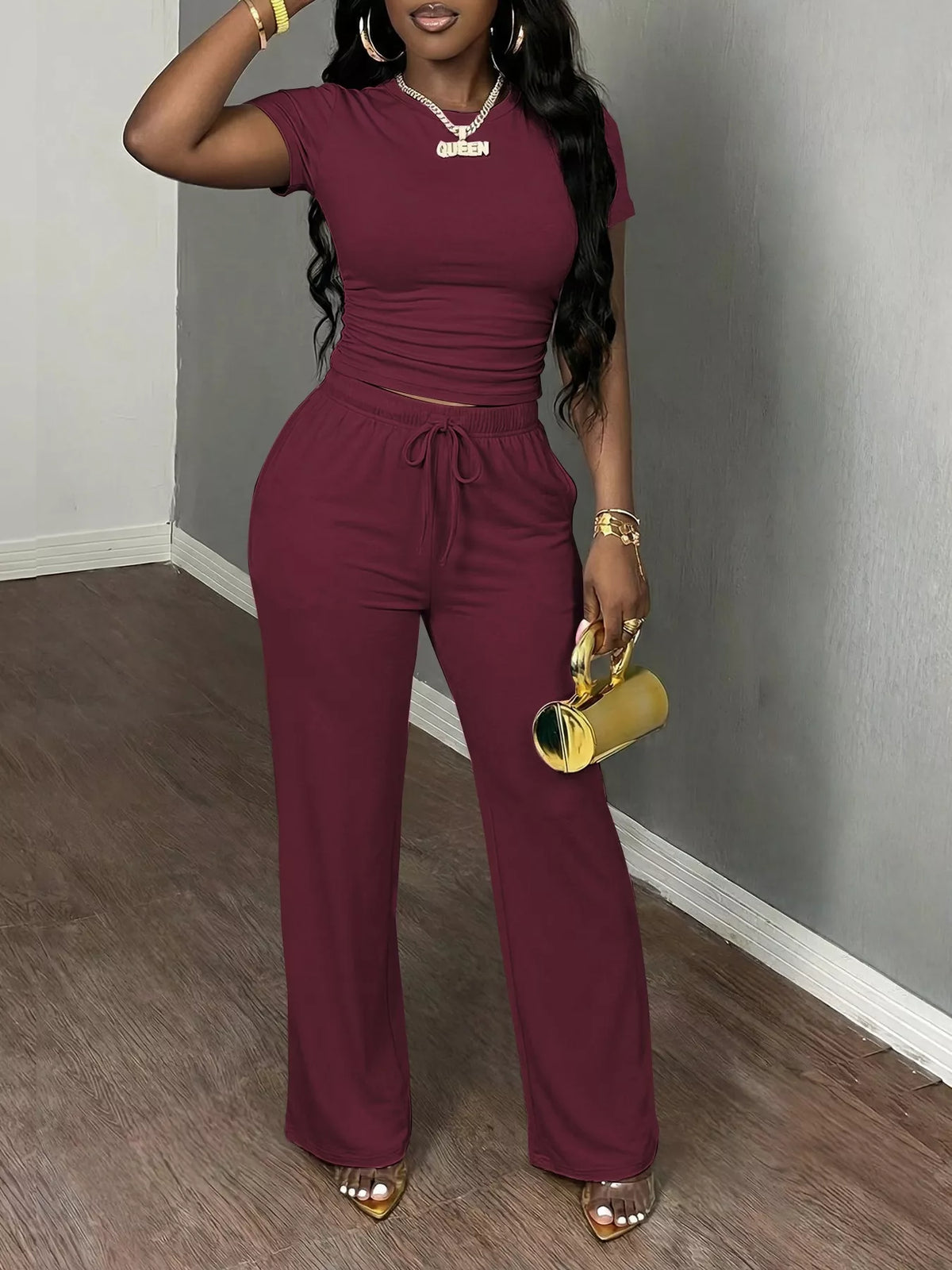 Burgundy short Sleeve Top and Wide Leg Pants Set