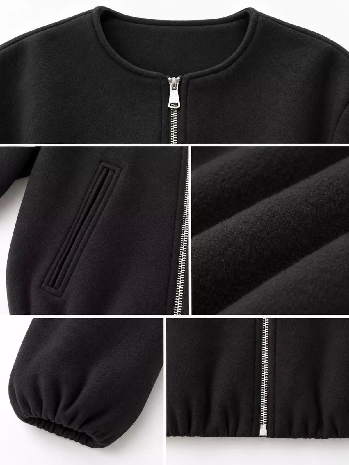 Collage of the black jacket's round neckline, zipper, pocket, fabric, cuff and gathered hem.