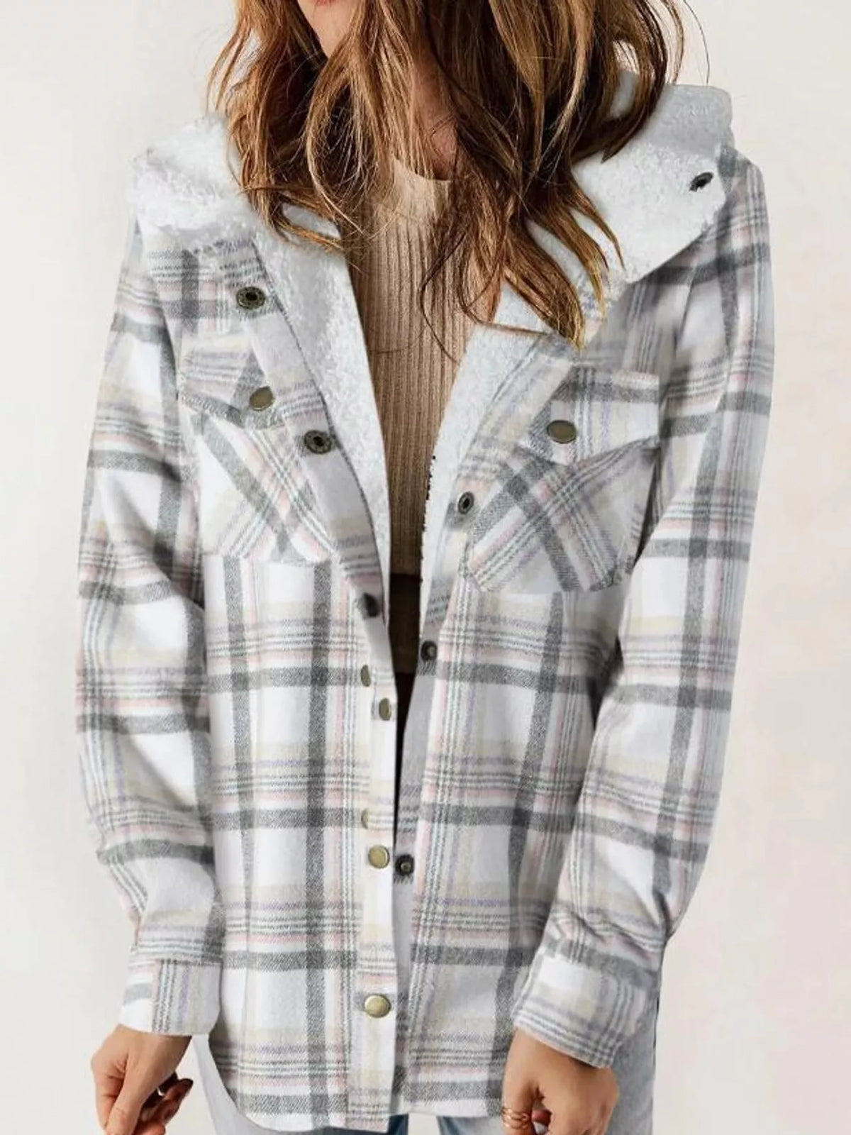 Gray plaid hooded jacket with white plush lining, front view.