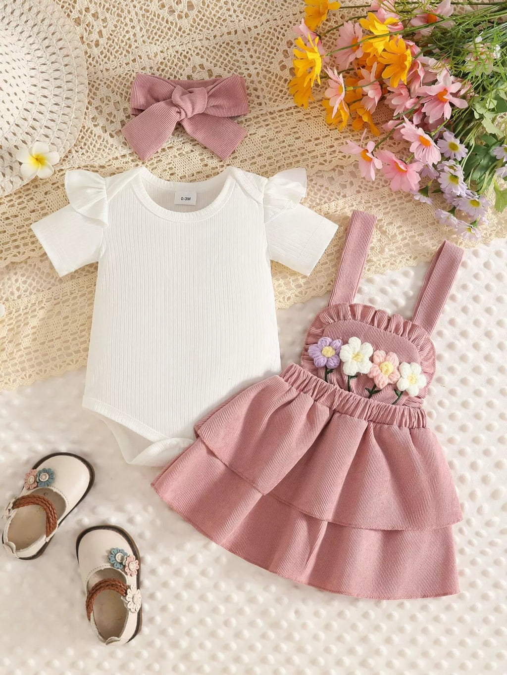White bodysuit displayed beside a dusty pink flower-applique suspender skirt and headband.