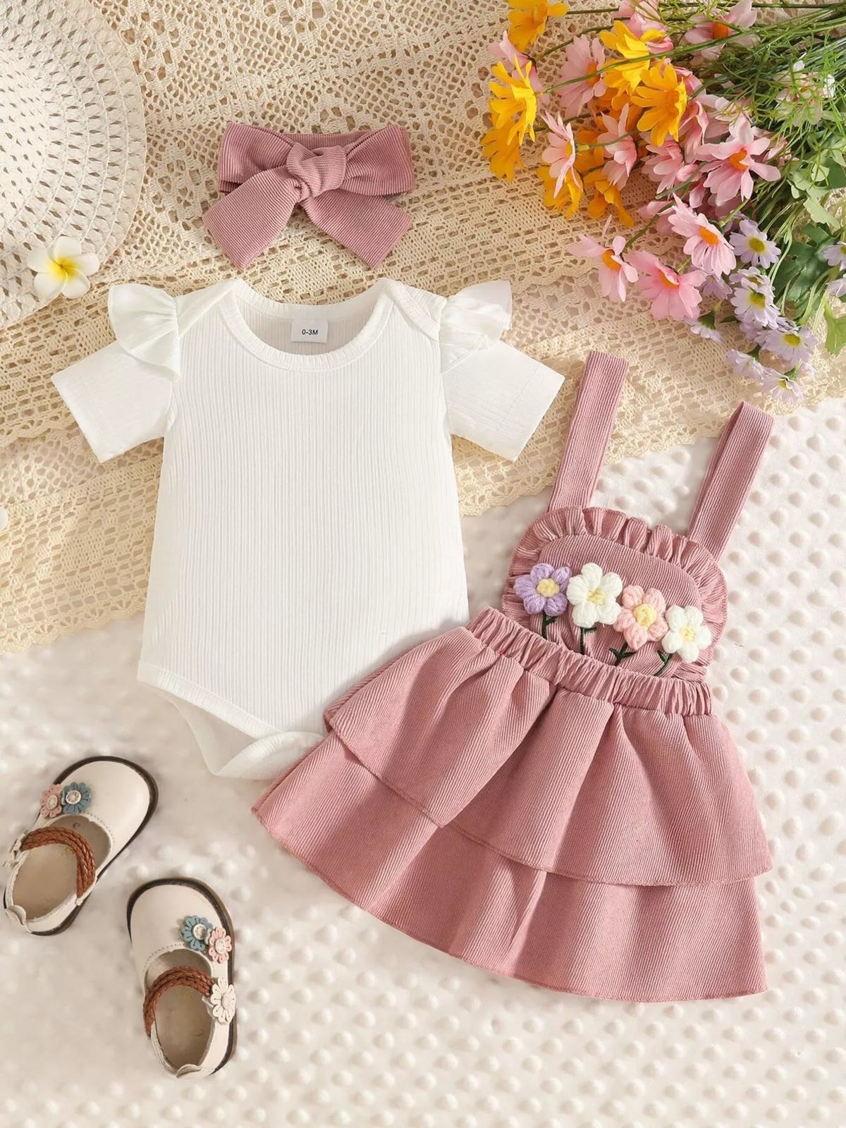 White bodysuit displayed beside a dusty pink flower-applique suspender skirt and headband.