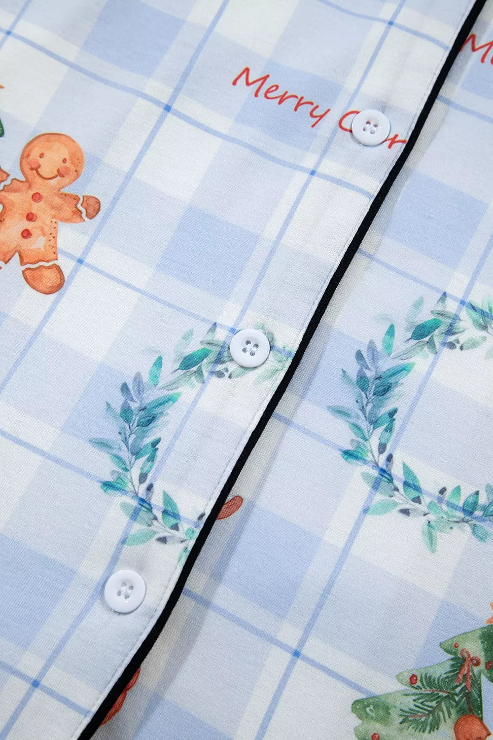 Light blue plaid Cartoon Christmas Pattern Shirt Top 2pcs Pajama Set — detail view