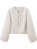 Off-white round-neck zip-up jacket with gathered hem and sleeves, front view.