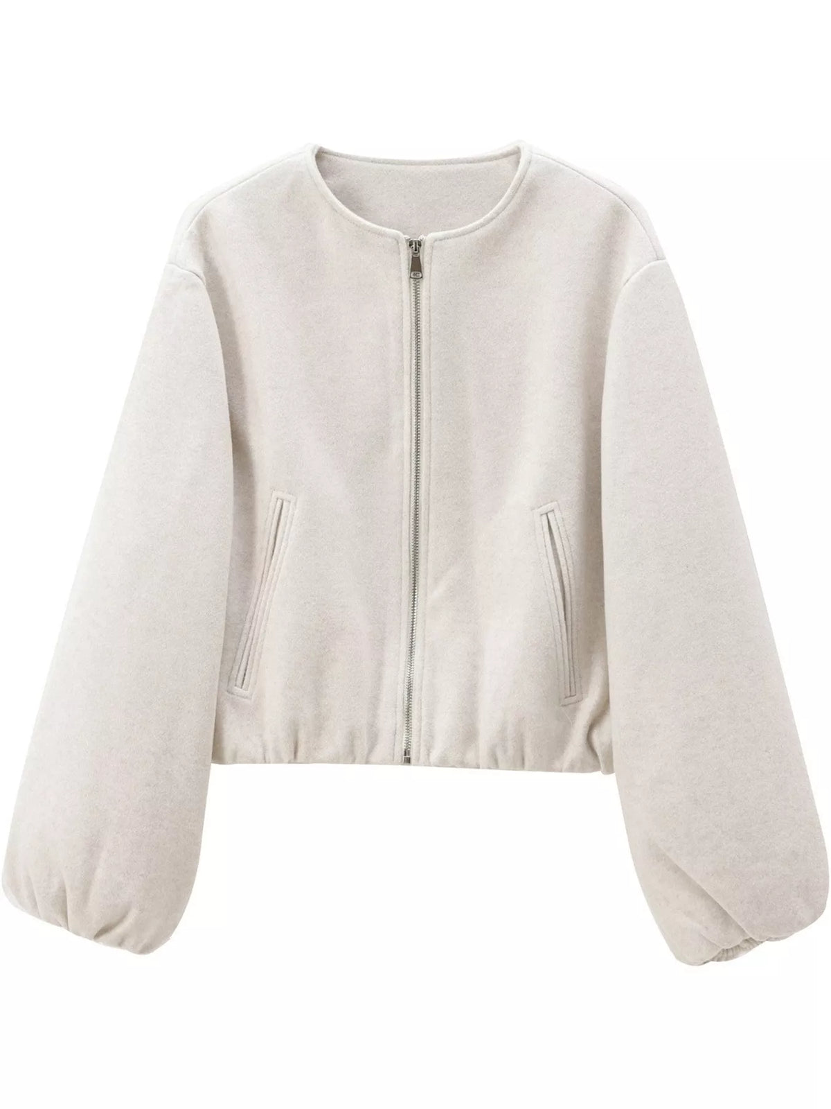 Off-white round-neck zip-up jacket with gathered hem and sleeves, front view.