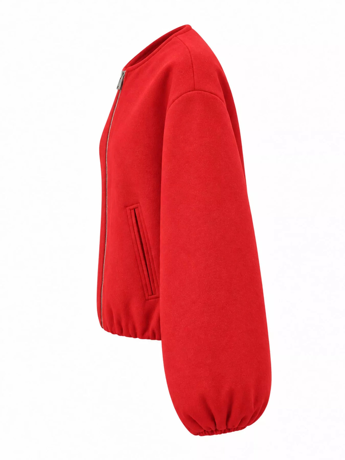Bright-red round-neck zip-up jacket with gathered hem and sleeves, side view.