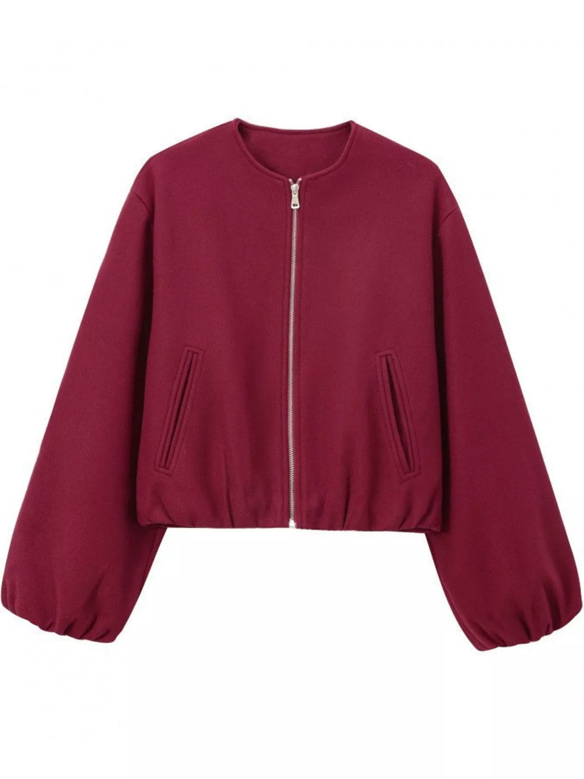 Burgundy round-neck zip-up jacket with gathered hem and sleeves, front view.