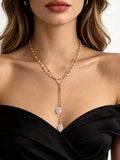 Gold-tone layered Y-shaped necklace with pearl-like pendants