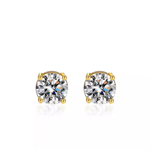 Gold-tone stud earrings with round clear stones — detail view
