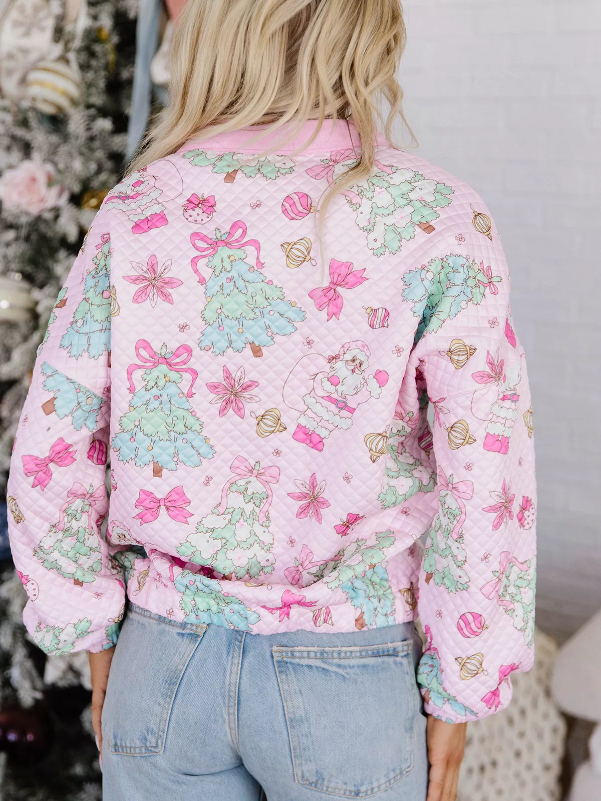 Pink christmas Print Collar Half Button Loose Sweatshirt — back view