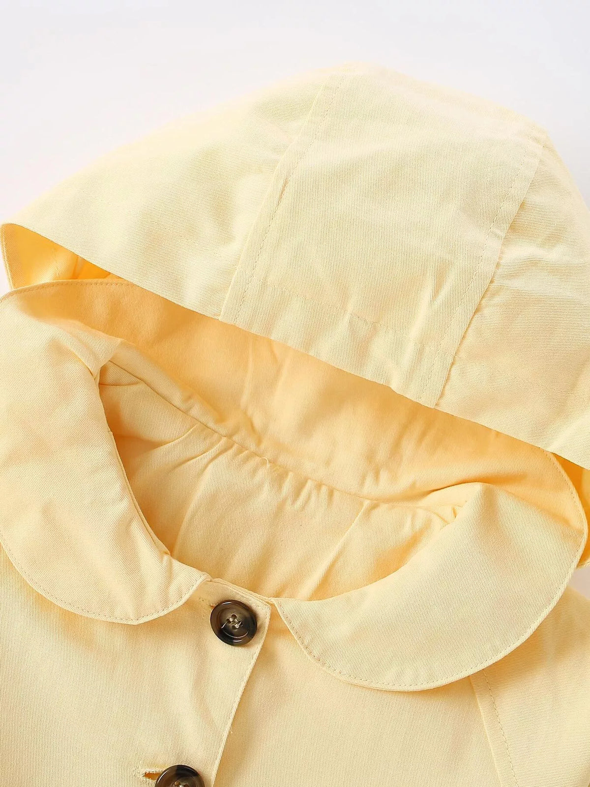 Yellow coat hood and top button detail