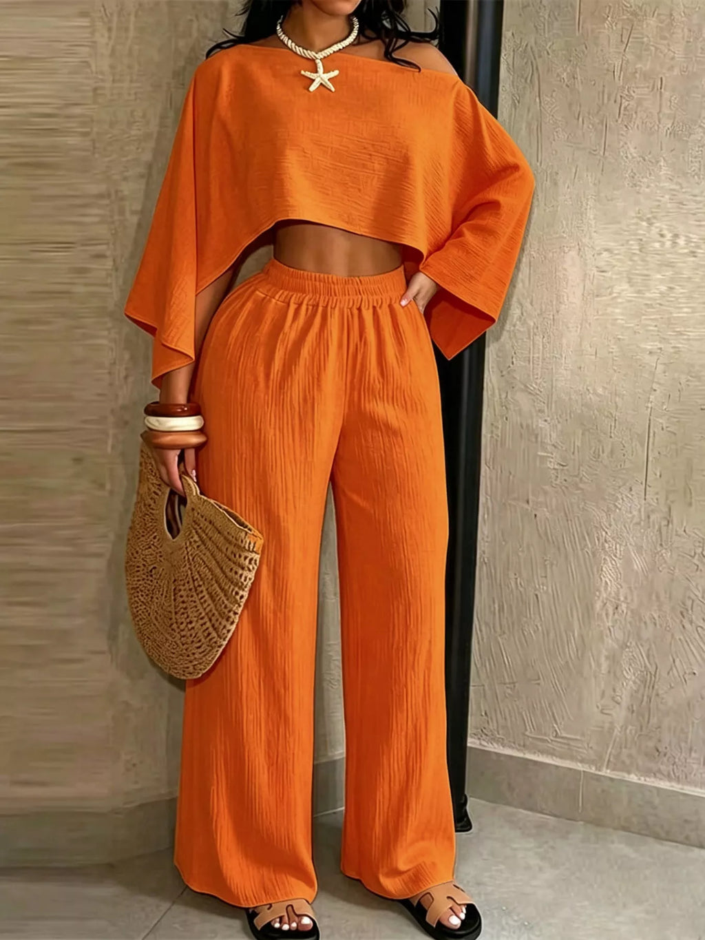 Orange boat Neck Crop Top and Wide-Leg Pants Set