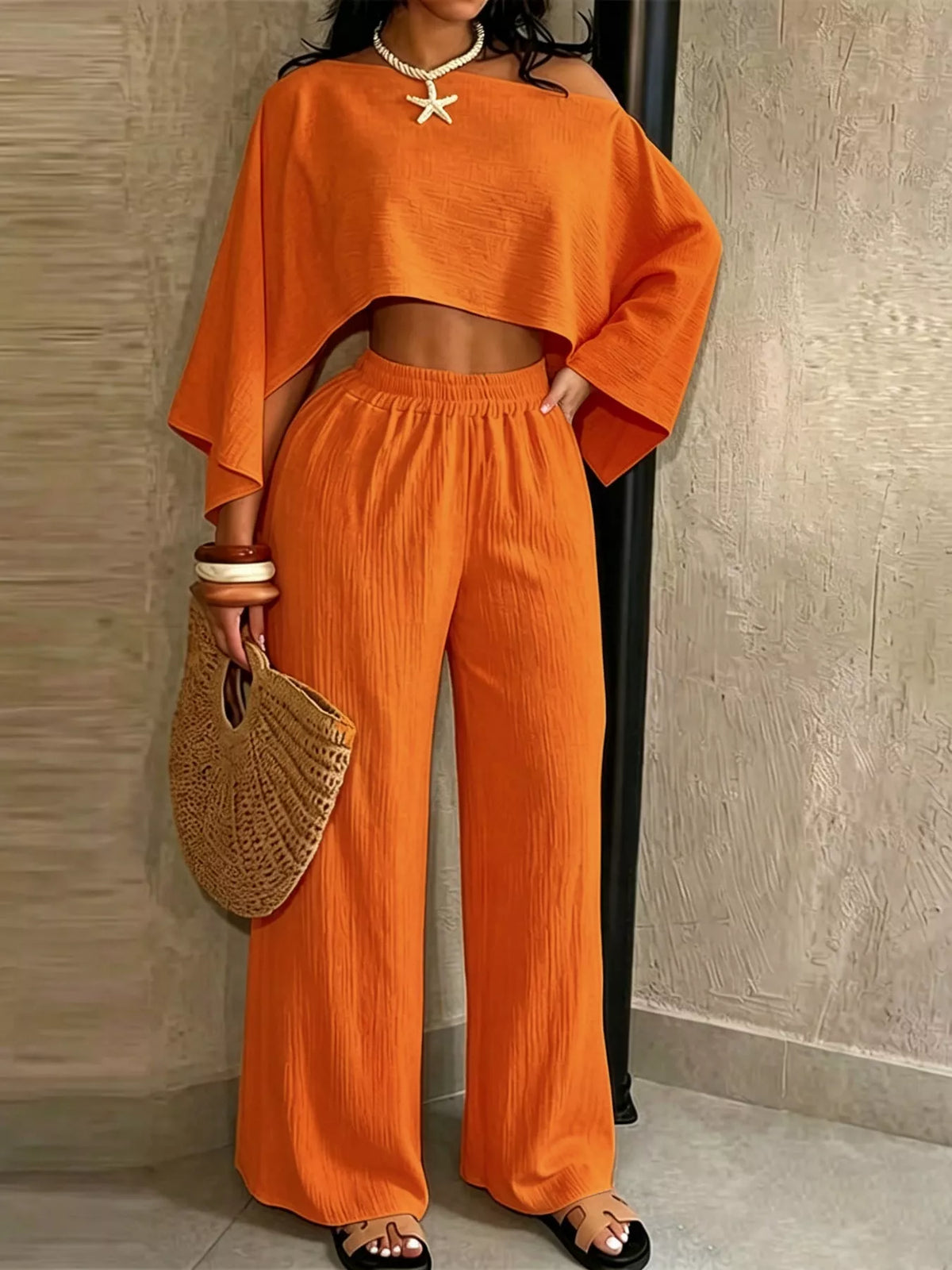 Orange boat Neck Crop Top and Wide-Leg Pants Set