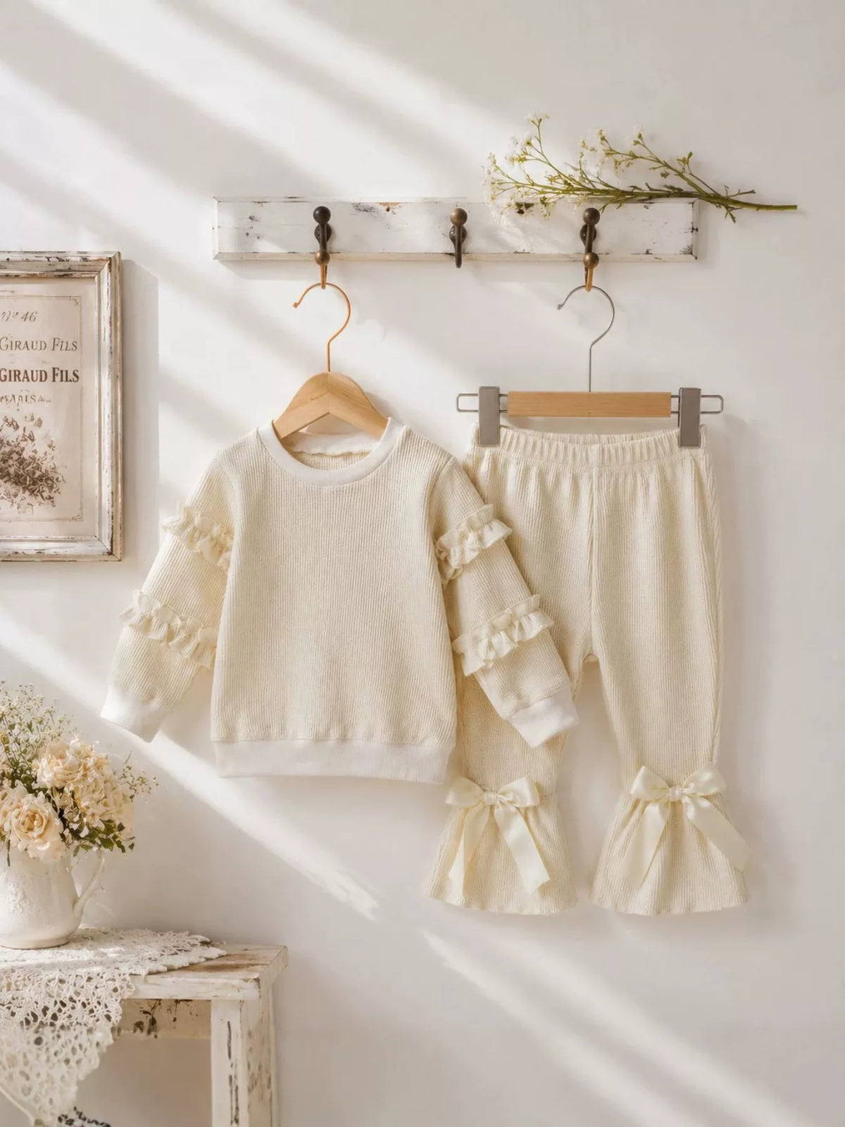 Cream ruffle-sleeve sweatshirt and bow-accented flared pants displayed on hangers