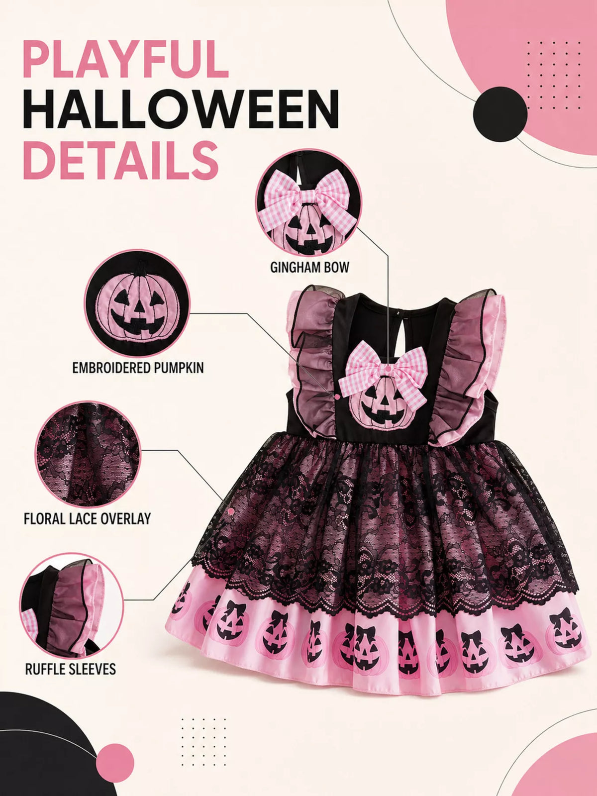 Black-and-pink pumpkin Halloween dress with inset views of the pumpkin design, lace and pink hem.