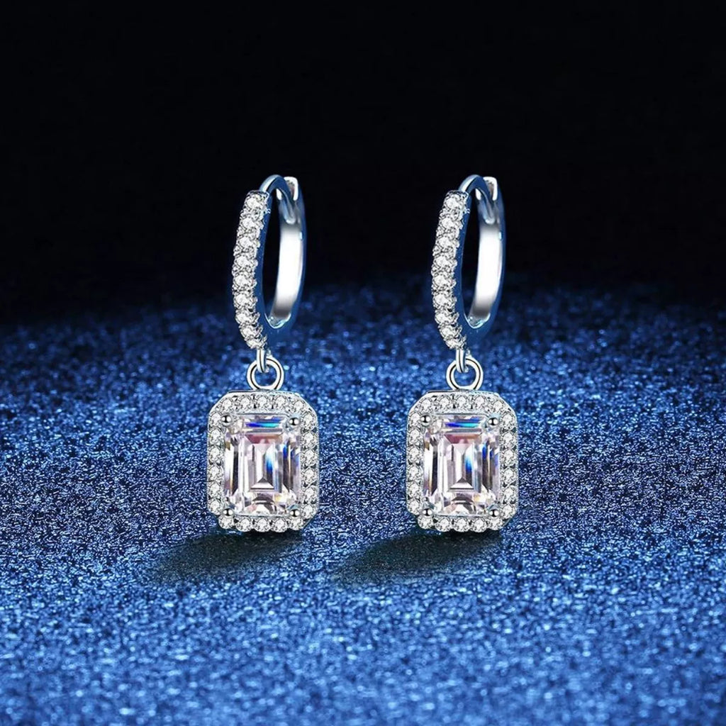 Silver-tone hoop earrings with rectangular halo stone drops — detail view