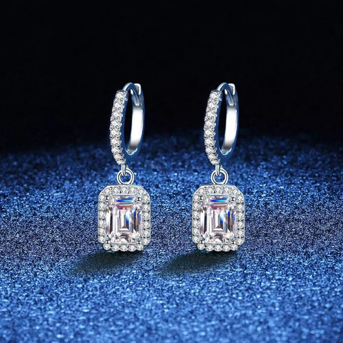 Silver-tone hoop earrings with rectangular halo stone drops — detail view