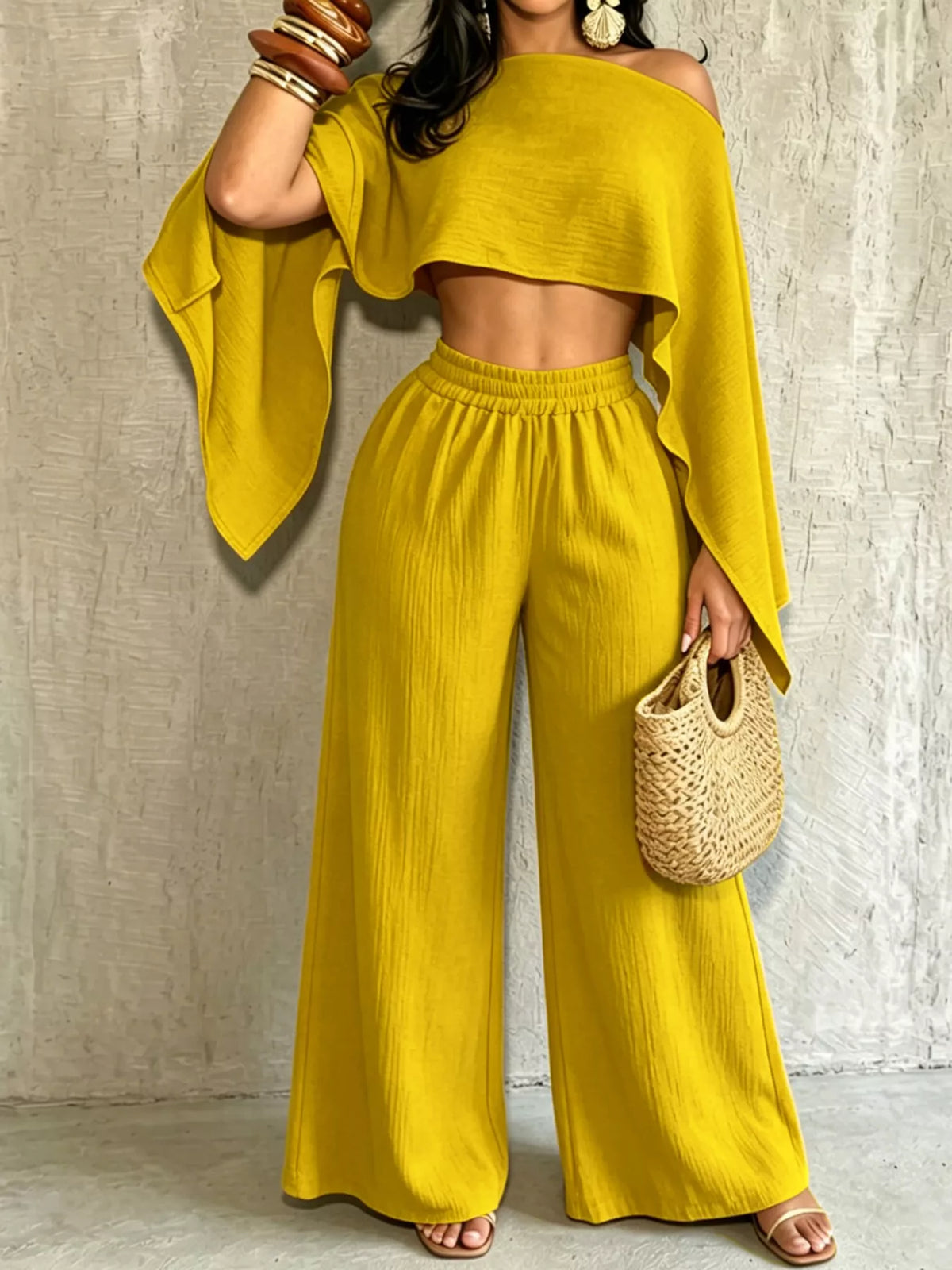 Yellow boat Neck Crop Top and Wide-Leg Pants Set