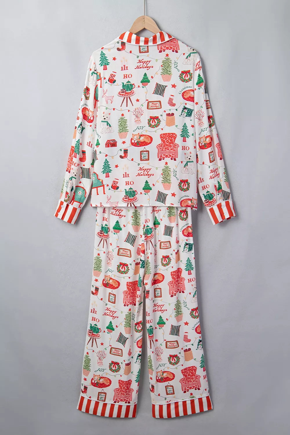 White striped Holiday Long Sleeve Two Piece Shift Home Wear Lounge Set — back view