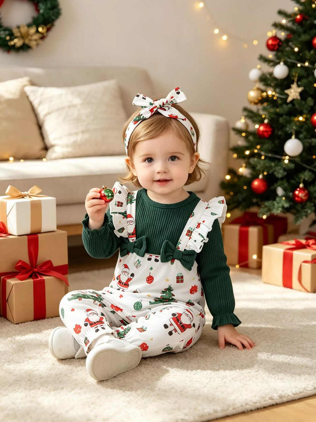 Children’s green and white Santa-print ruffle-trim jumpsuit with matching headband worn by a child