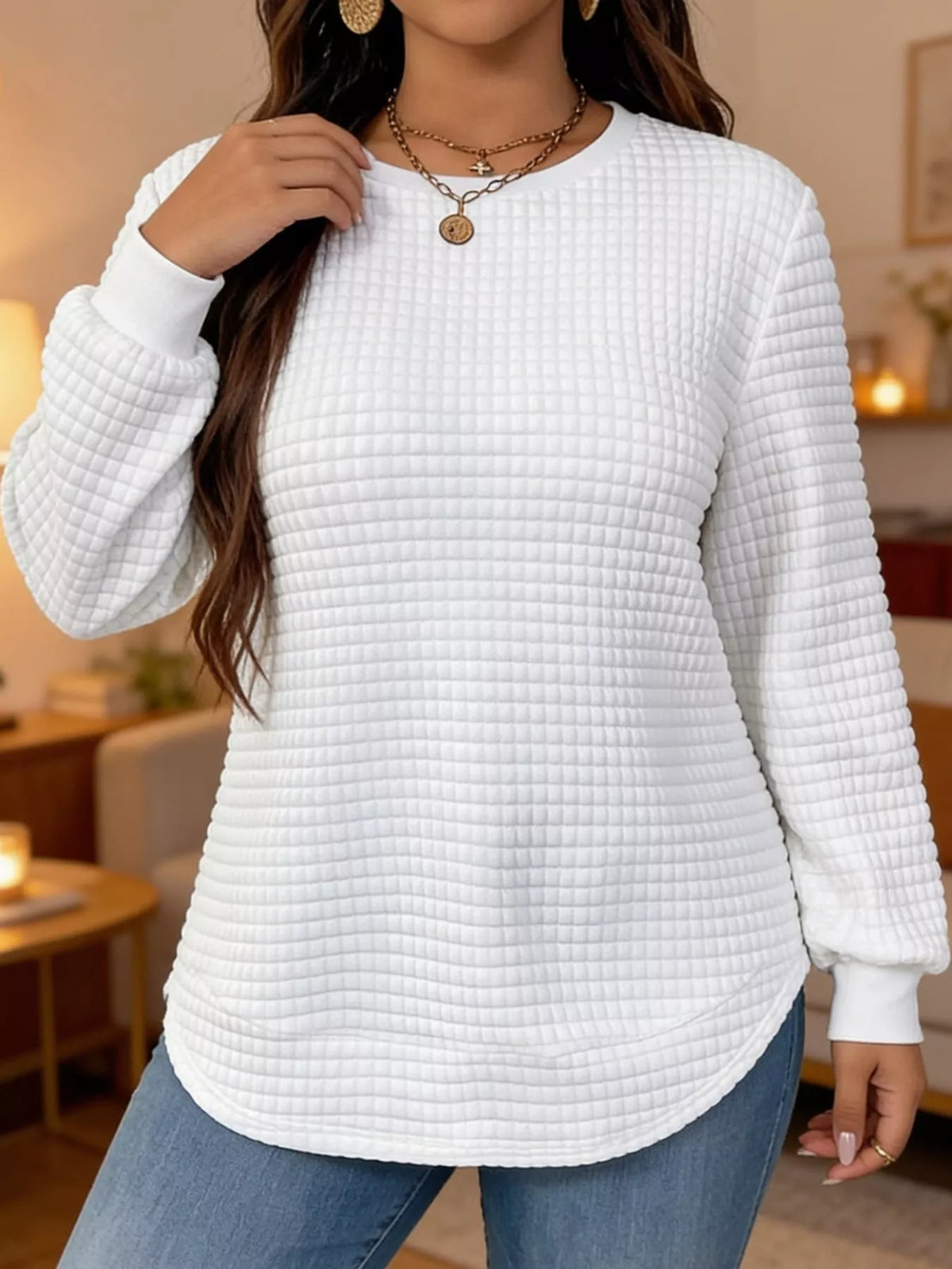 White textured Waffle Knit Crew Neck Sweatshirt