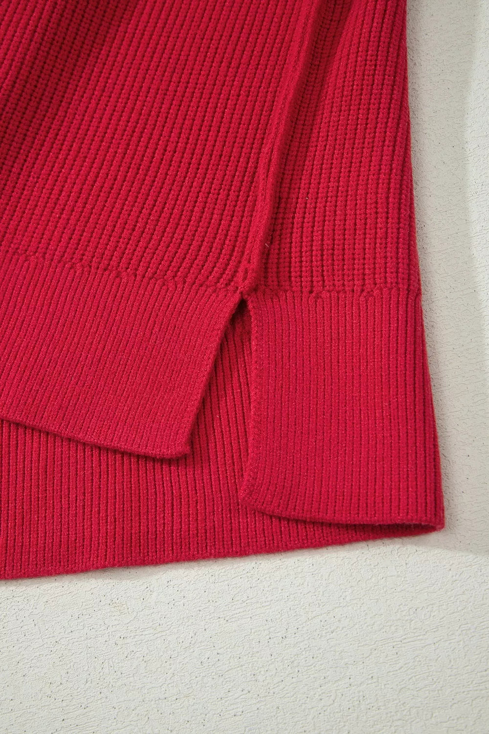 Red long Sleeve Ribbed Knit Stand Neck Sweater — detail view