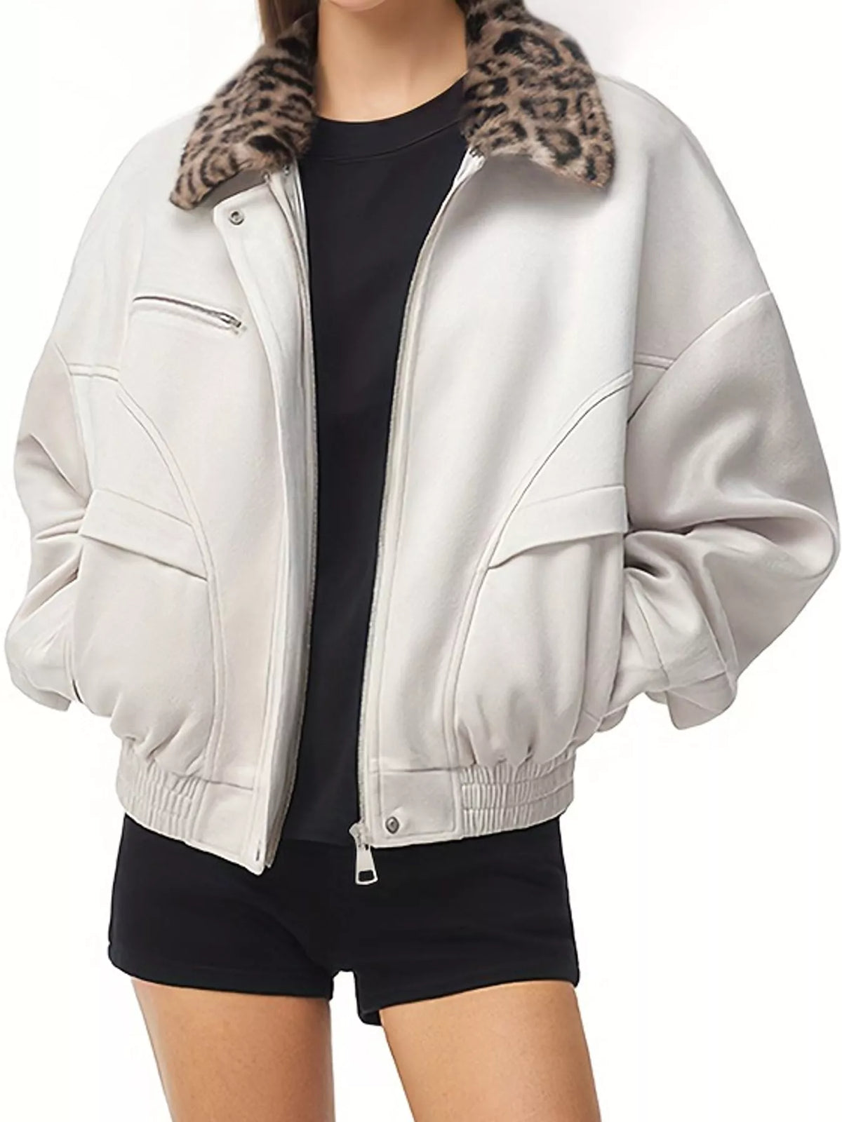 Apricot zip-up jacket with a leopard-print collar, front view.